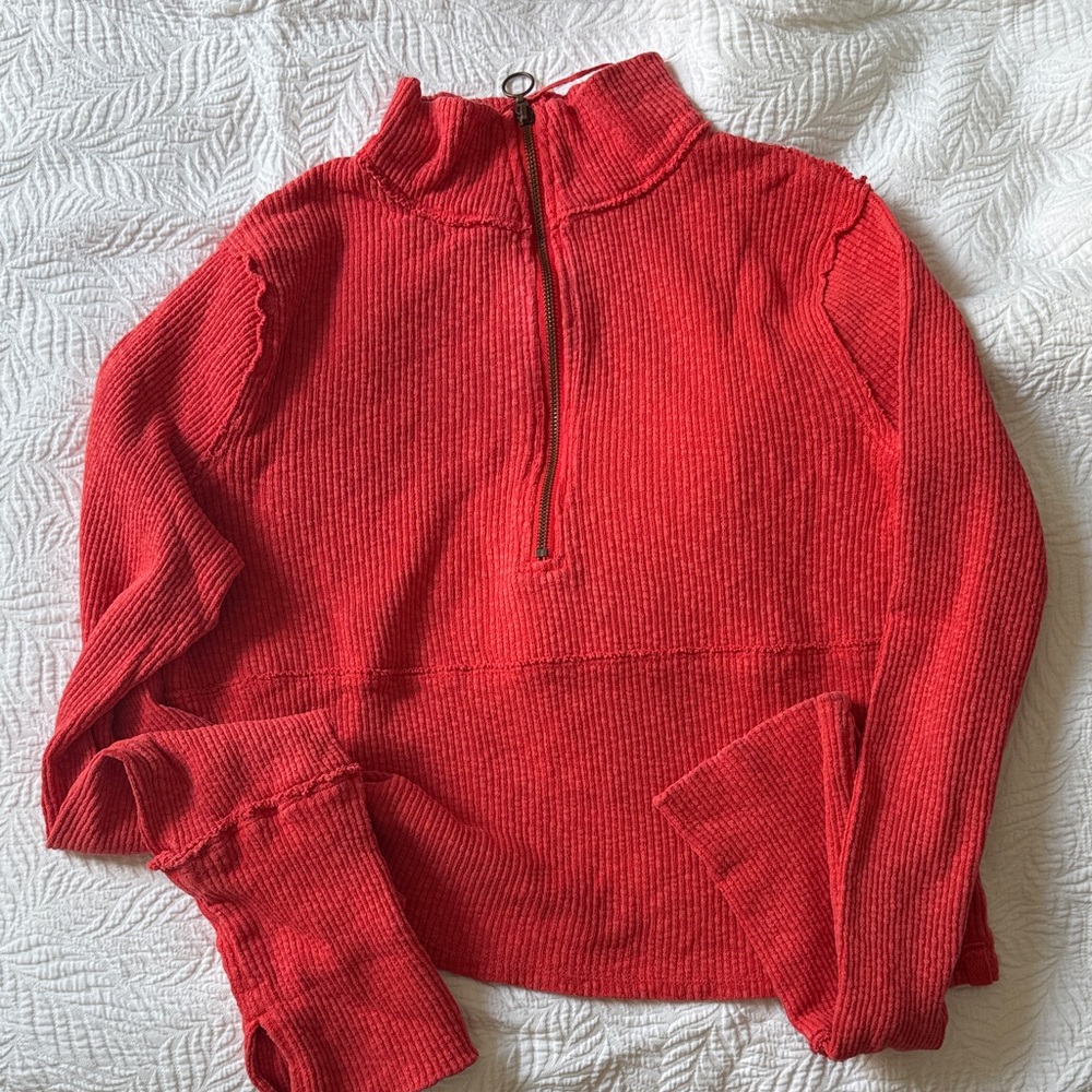 Free People Red Half-Zip Cropped Sweater
